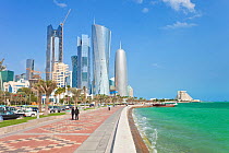 View along the Corniche towards the new skyline of the West Bay central financial district of Doha, Qatar, Arabian Peninsula, 2011. No release available.