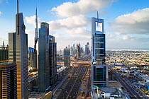 Elevated view over the modern skyscrapers along Sheikh Zayed Road looking towards the Burj Kalifa, Dubai, United Arab Emirates 2011