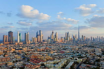 Elevated view of the new Dubai skyline of modern architecture and skyscrapers including the Burj Khalifa on Sheikh Zayed Road, Dubai, United Arab Emirates 2011. No release available.