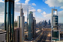 Elevated view over the modern Skyscrapers along Sheikh Zayed Road looking towards the Burj Kalifa, Dubai, United Arab Emirates 2011