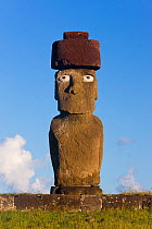 Moai statue Ahu Ko Te riku, the only topknotted and eyeballed Moai on the Island, Easter Island, Rapa Nui, Chile 2008
