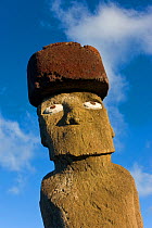 Portrait of Moai statue Ahu Ko Te riku, the only topknotted and eyeballed Moai on the Island, Easter Island, Rapa Nui, Chile 2008