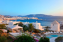 Elevated view over the harbour and old town, Mykonos (Hora), Cyclades Islands, Greece, 2010