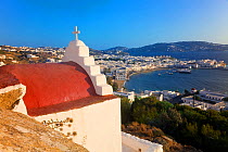 Elevated view over the harbour and old town, Mykonos (Hora), Cyclades Islands, Greece, 2010