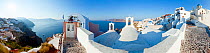 Panoramic wide angle view of entrance to a typical village house in Oia (La), Santorini (Thira), Cyclades Islands, Aegean Sea, Greece, 2010