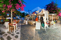 Restaurants in the old town at night, Mykonos (Hora), Cyclades Islands, Greece, 2010
