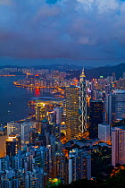 Elevated view from Victoria Peak at dusk, City Skyline and Victoria Harbour, Hong Kong, China 2009