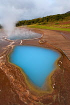 Coloured pools created by algae and mineral deposits in geysir, Iceland, 2006