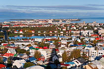 Low view from Hallgrimskirkja of the colourful houses, commercial buildings and harbour of the capital city Reykjavik, Iceland 2006
