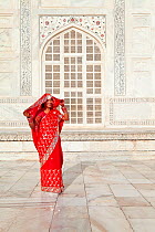 Woman in colourful Saris by the Taj Mahal, UNESCO World Heritage Site, Agra, Uttar Pradesh, India, 2011, model released
