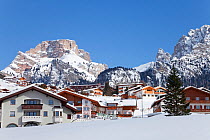 Selva Wolkenstein, Sella Ronda ski area, Val Gardena, Sella Massif range of Mountains under winter snow, Dolomites, South Tirol, Trentino Alto-Adige, Italy 2009
