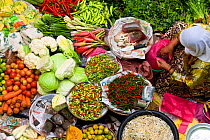 Woman selling fruit and vegetables in the towns central market, Kota Bharu, Kelantan State, Malaysia 2008