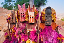 Traditional masked Ceremonial Dogon Dancers near Sangha, Bandiagara escarpment, Dogon Country, Mali, 2006