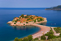 Elevated view of the Island of Sveti Stefan and the Adriatic Sea, Budva Riviera, Montenegro, Balkans, 2007