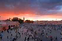 Elevated view over the Djemaa el-Fna at dusk, Marrakech, Morocco, North Africa, 2011