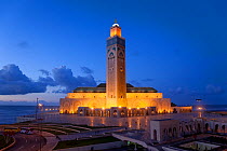 Hassan II Mosque, the third largest mosque in the world illuminated at night, Casablanca, Morocco, 2011