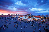 Elevated view over the Djemaa el-Fna at sunset, Marrakech, Morocco, 2011. No release available.