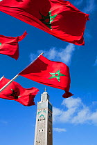 Flags of Morocco waving in the wind and Hassan II Mosque, the third largest mosque in the world, Casablanca, Morocco, 2011