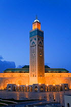 Hassan II Mosque, the third largest mosque in the world, illuminated at night, Casablanca, Morocco, 2011