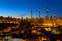 Manhattan skyline and Queens Power Station at dusk, New York, USA 2009