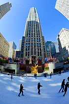 Wide angle view of ice Skating Rink below the Rockefeller Centre building on Fifth Avenue, Manhattan, New York City, USA 2009