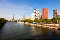 View of River Seine with high-rise buildings and Eiffel Tower, Paris, France 2011