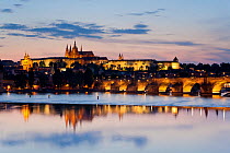 St. Vitus Cathedral, Charles Bridge and the Castle District illuminated at night, Prague, Czech Republic 2011