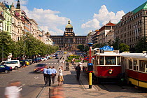 Wenceslas Square with traditional trams and tourists, Prague, Czech Republic 2011