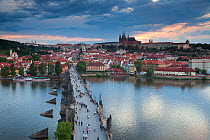 Looking down on St. Vitus Cathedral, Charles Bridge, UNESCO World Heritage Site, and the Castle District, Prague, Czech Republic 2011