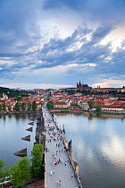 Looking down on St. Vitus Cathedral, Charles Bridge, UNESCO World Heritage Site, and the Castle District, Prague, Czech Republic 2011. No release available.