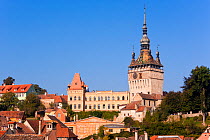 Sighisoara, medieval Old Town or citadel, the clock tower (Turnul cu Ceas), formarly the main entrance to the fortified city the tower is 64m tall, inside the 1648 clock is a pageant of slowly revolvi...