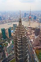 Futuristic Jinmao Tower overlooking the Huangpu river, Bund and Shanghai City, Shanghai, China 2010
