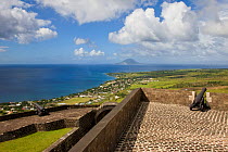 Elevated view of Brimstone Hill Fortress which is situated 790 feet above sea level looking towards St. Eustatius Island and the Caribbean Sea, the Brimstone Hill Fortress National Park is a UNESCO Wo...