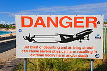 Low flying aircraft warning sign at Maho Beach, St Martin, Leeward Islands, Lesser Antilles, Caribbean, West Indies 2008