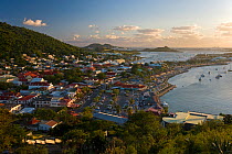 Elevated view over the French town of Marigot at dusk from Fort St. Louis, St Martin, Netherland Antilles, Leeward Islands, Lesser Antilles, Caribbean, West Indies 2008