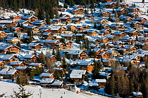 Looking down on town rooves, Four Valleys region, Valais, Verbier, Bernese Alps, Switzerland January 2009