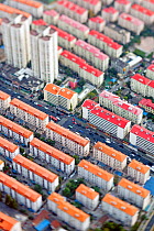 Aerial view of apartment buildings in Central Shanghai, Shanghai, China 2010. No release available.