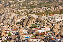 Elevated view over the Volcanic tufa rock formations surrounding Goreme, Cappadocia, Anatolia, Turkey, 2008