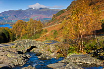 Ashness Bridge over a stream running into Derwent Water with the Skiddaw mountain range behind, Lake District, Cumbria, UK November 2008