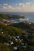 Elevated view in evening over Charlotte Amalie and the Cruise Ship dock at Havensight, St Thomas, US Virgin Islands, Leeward Islands, Lesser Antilles, Caribbean, West Indies 2008