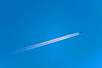 Aeroplane flying overhead, leaving contrails  / condensation-trails against blue sky. Scotland, March.