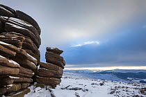 The Wheel Stones (also known as the Coach and Horses) on Derwent Edge in winter conditions, Peak District National Park, Derbyshire, UK. January.