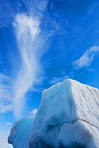 Helix cloud formation behind iceberg with Kittiwakes (Rissa tridactyla) resting on top, Kongsbreen, Kongsfjord, Ossian Sars, Svalbard, Norway, June