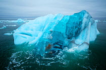 Blue iceberg drifting off Brasvellbreen glacier, Austfonna, Nordaustlandet, Svalbard, Norway, July 2012