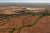 Aerial of Diamantina River from out of Birdsville, Queensland, Australia, June 2011