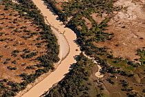 Aerial of Diamantina River from out of Birdsville, Queensland, Austrlaia, June 2011