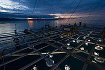 Outrigger and spotlights of fishing device called a Bagan, a stationary outrigger boat, with a net between outriggers and strong light at night to attract anchovies and scad. Cenderawasih Bay, Papua P...