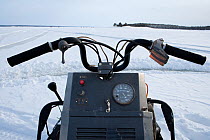 Instrument panel of a Ski-doo snowmobile, Arctic circle Dive Center, White Sea, Karelia, Northern Russia, March, 2010
