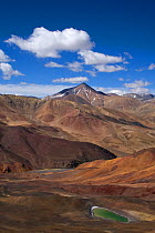 Mineral rich landscape and copper lake from the Bogo La pass  at17000 ft, Tibet, June 2010