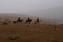 Three pilgrims on ponies with their Tibetan Mastiff dog set off in snow storm for the Mount Kailash parikrama, Tarboche, Mount Kailash, Tibet